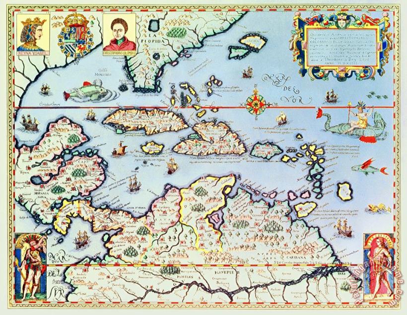 Theodore de Bry Map of the Caribbean islands and the American state of Florida Art Painting