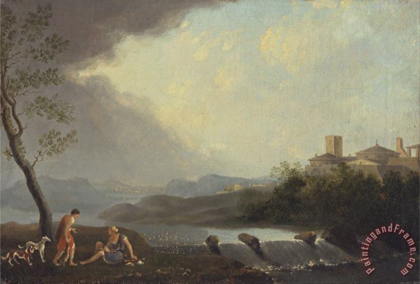 Thomas Jones An Imaginary Italianate Landscape with Classical Figures And a Waterfall Art Painting