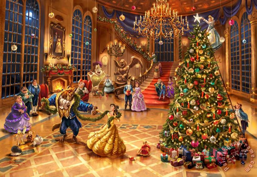 Disney Beauty And The Beast Christmas Celebration painting - Thomas Kinkade Disney Beauty And The Beast Christmas Celebration Art Print