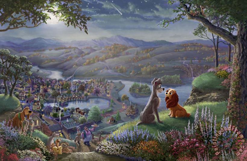 Disney Lady And The Tramp Falling in Love painting - Thomas Kinkade Disney Lady And The Tramp Falling in Love Art Print