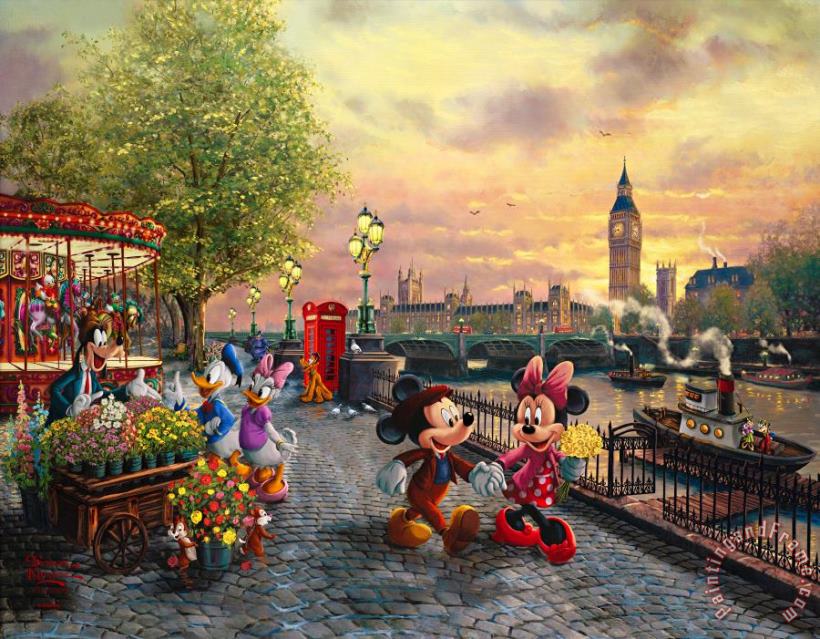 Disney Mickey And Minnie in London painting - Thomas Kinkade Disney Mickey And Minnie in London Art Print