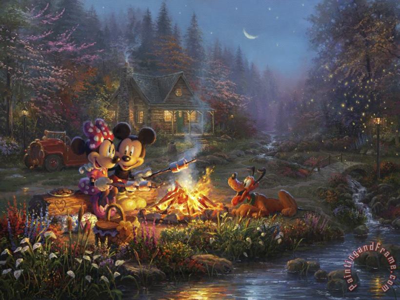 Thomas Kinkade Mickey And Minnie Sweetheart Campfire Art Print