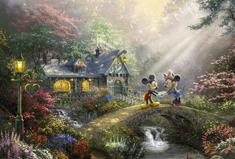 Mickey & Minnie Sweetheart Bridge painting - Thomas Kinkade Mickey & Minnie Sweetheart Bridge Art Print