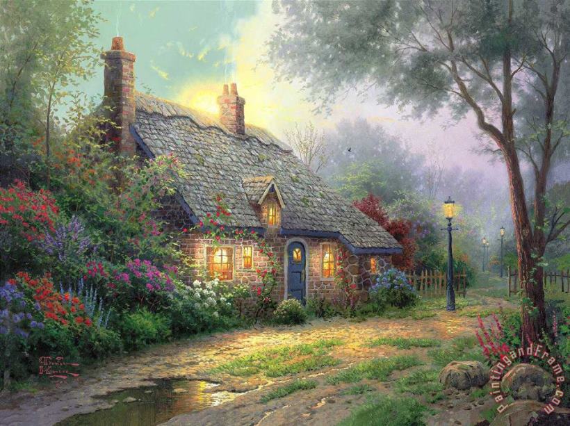Moonlight Cottage painting - Thomas Kinkade Moonlight Cottage Art Print