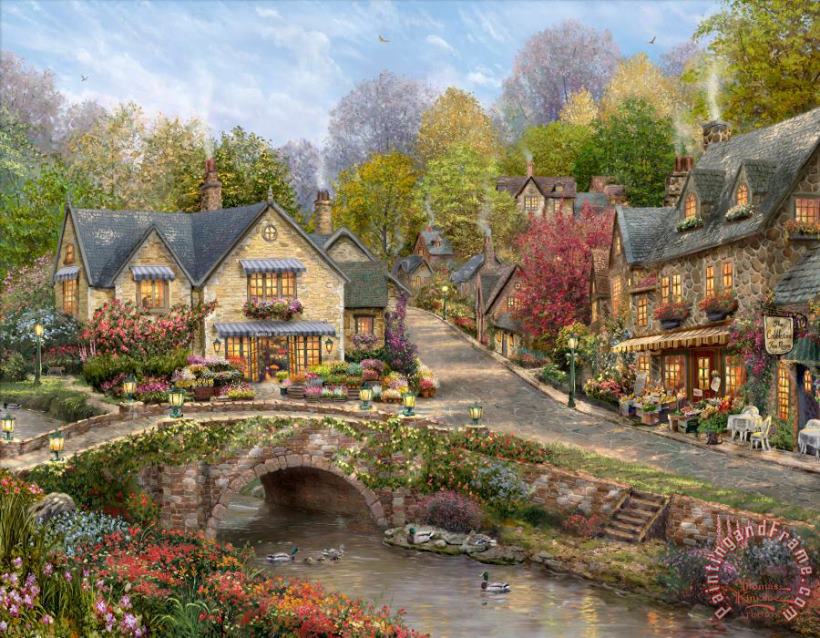 Thomas Kinkade Summer in Cobblestone Village Art Print