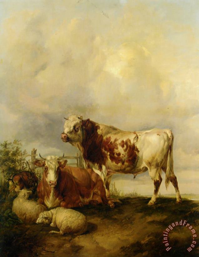 Thomas Sidney Cooper A Bull And Cow with Two Sheep And Goat Art Print