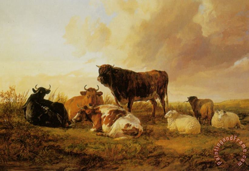 Thomas Sidney Cooper Cattle And Sheep in a Field Art Painting