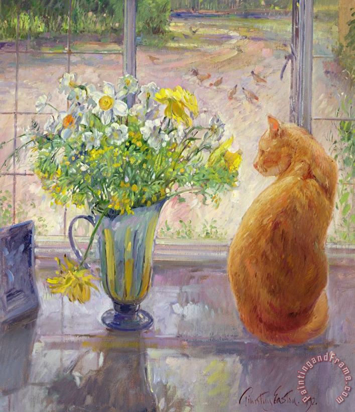 Striped Jug with Spring Flowers painting - Timothy Easton Striped Jug with Spring Flowers Art Print