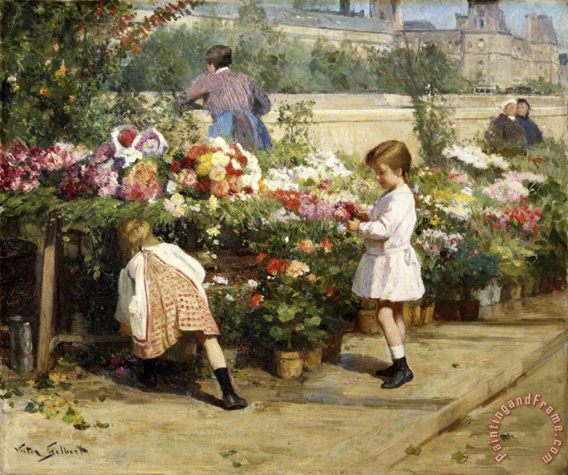 Victor Gabriel Gilbert The Flower Market by The Seine Art Painting