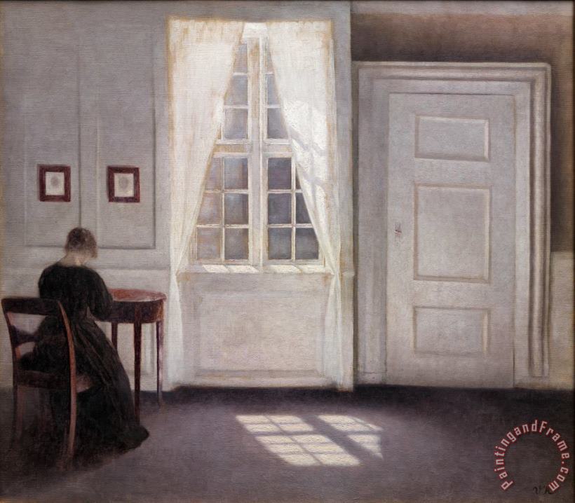 A Room in The Artist's Home in Strandgade, Copenhagen, with The Artist's Wife painting - Vilhelm Hammershoi A Room in The Artist's Home in Strandgade, Copenhagen, with The Artist's Wife Art Print