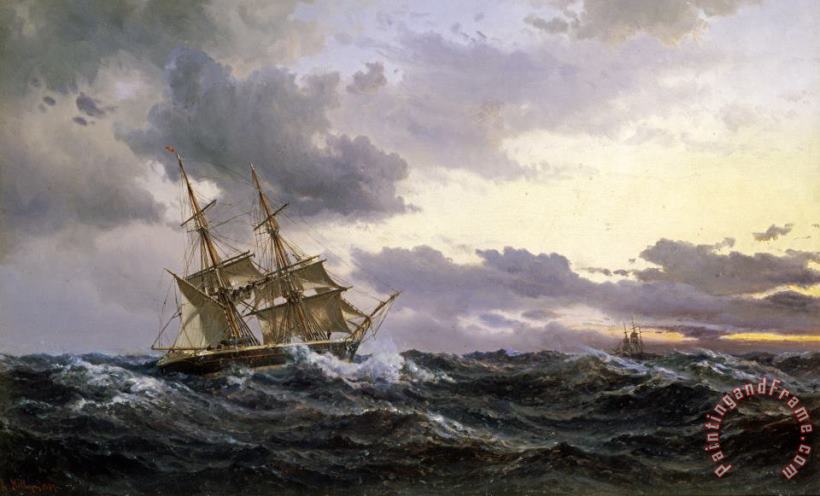 Vilhelm Melbye Sailing Vessels in a Stormy Sea Art Painting