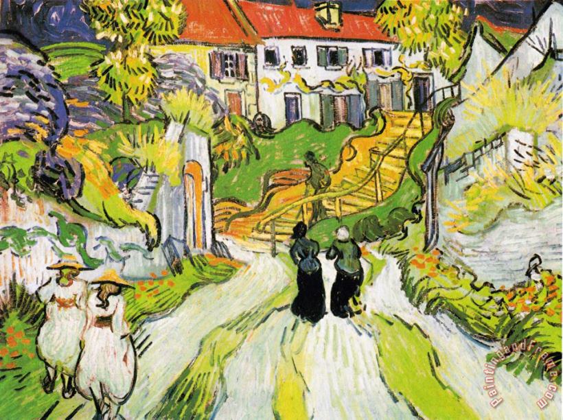 Village Street And Stairs in Auvers with Figures painting - Vincent van Gogh Village Street And Stairs in Auvers with Figures Art Print