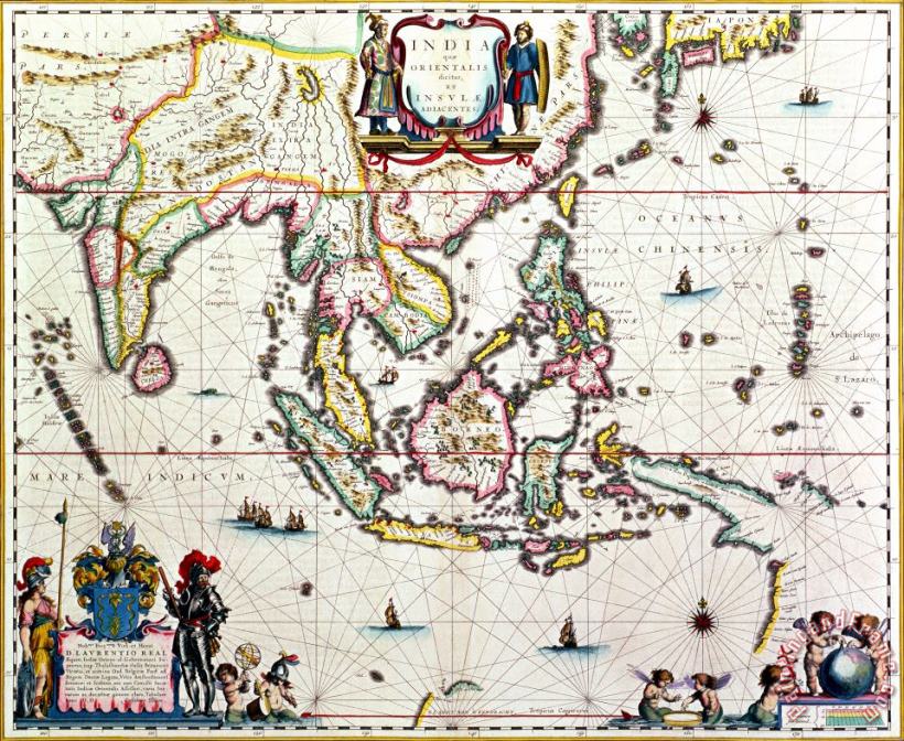 Antique map showing Southeast Asia and The East Indies painting - Willem Blaeu Antique map showing Southeast Asia and The East Indies Art Print
