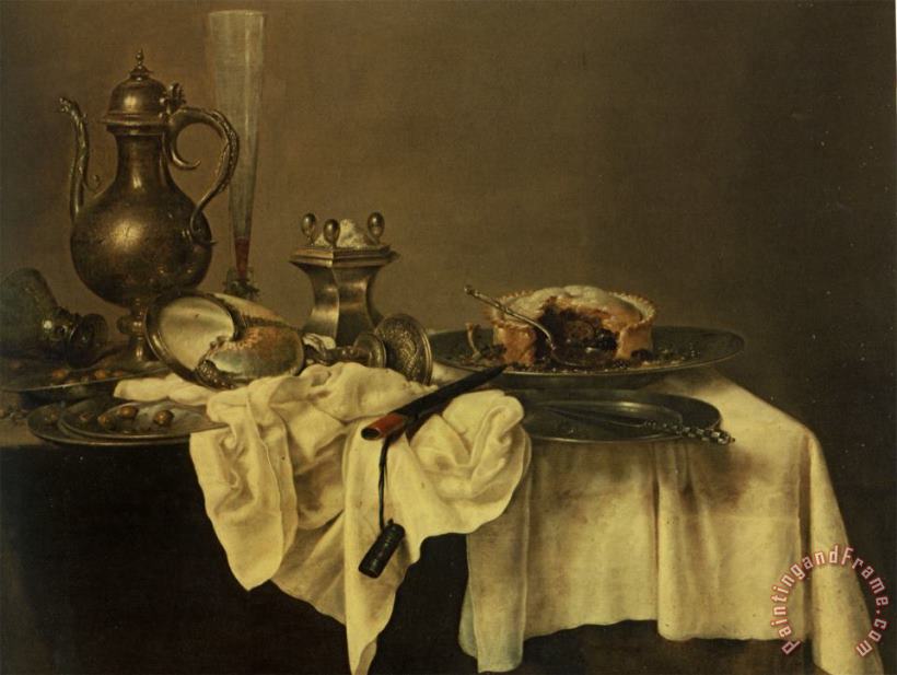 A Blackberry Pie, an Upturned Cup, Salt Cellar, Wine Ewer, Roemer Knife, Tablecloth Draped Peweter Plates painting - Willem Claesz Heda A Blackberry Pie, an Upturned Cup, Salt Cellar, Wine Ewer, Roemer Knife, Tablecloth Draped Peweter Plates Art Print