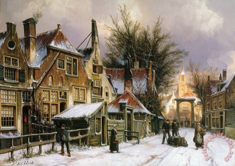 A Townview with Figures on a Snow Covered Street painting - Willem Koekkoek A Townview with Figures on a Snow Covered Street Art Print