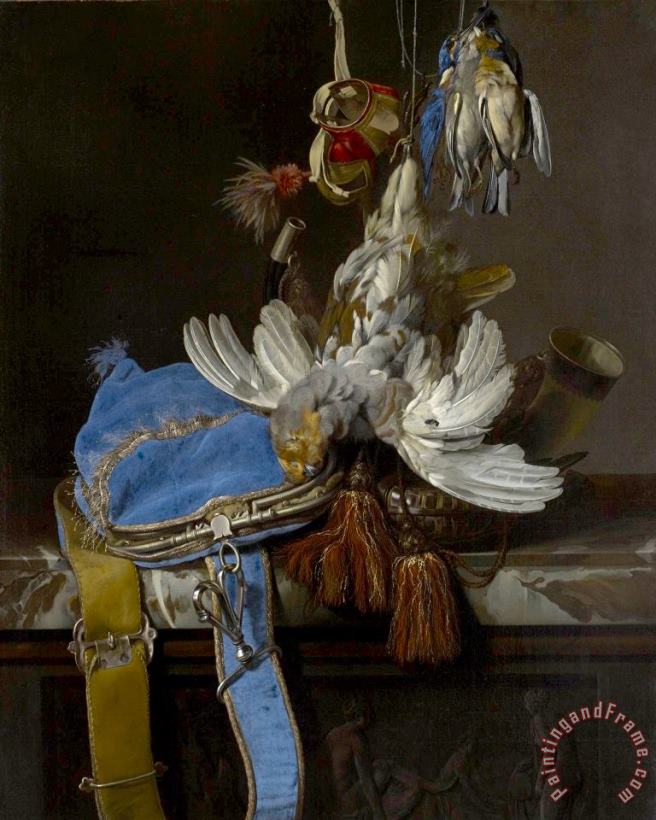 Willem Van Aelst Hunt Still Life with a Velvet Bag on a Marble Ledge Art Painting