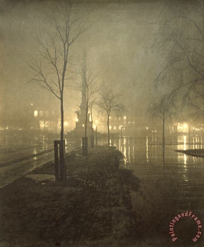 A Wet Night, Columbus Circle painting - William A. Fraser A Wet Night, Columbus Circle Art Print