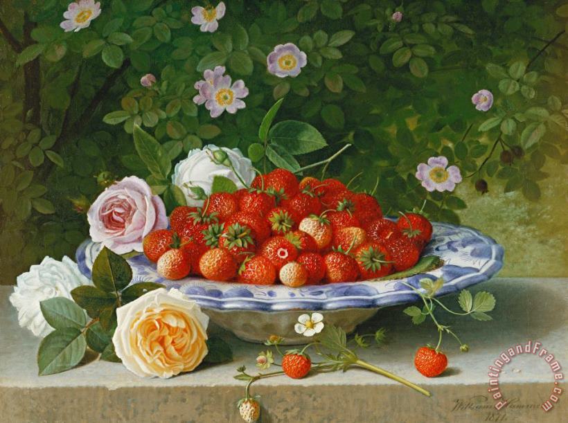 William Hammer Strawberries In A Blue And White Buckelteller With Roses And Sweet Briar On A Ledge Art Painting