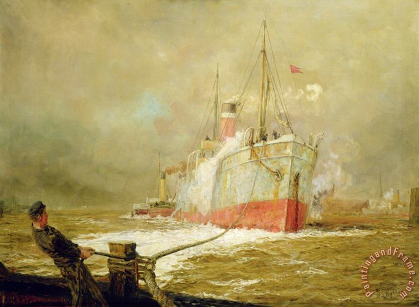William Lionel Wyllie Docking a Cargo Ship Art Painting