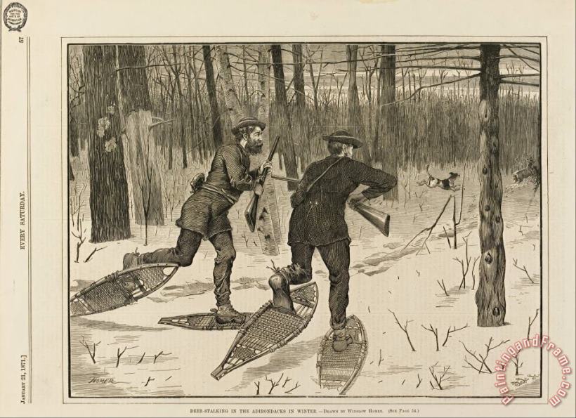 Deer Stalking in The Adirondacks in Winter, From Every Saturday, January 21, 1871, P. 57 painting - Winslow Homer Deer Stalking in The Adirondacks in Winter, From Every Saturday, January 21, 1871, P. 57 Art Print