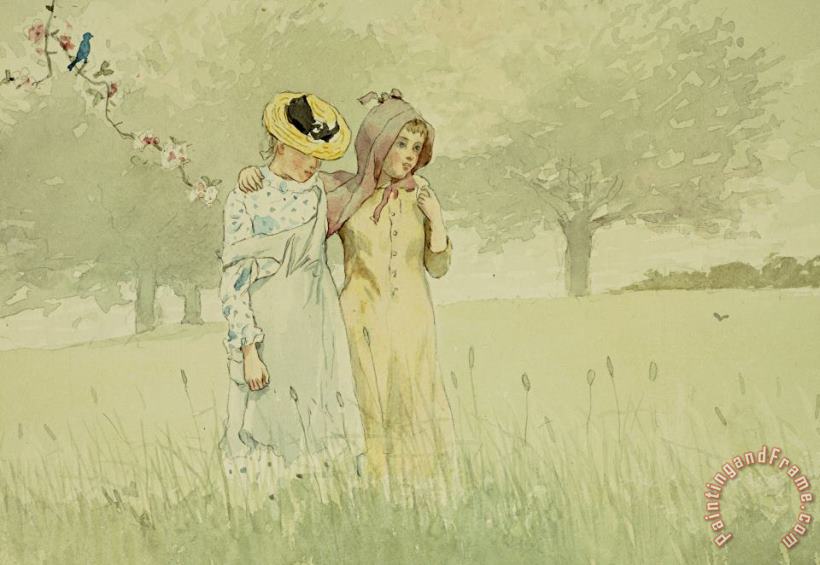 Girls strolling in an Orchard painting - Winslow Homer Girls strolling in an Orchard Art Print