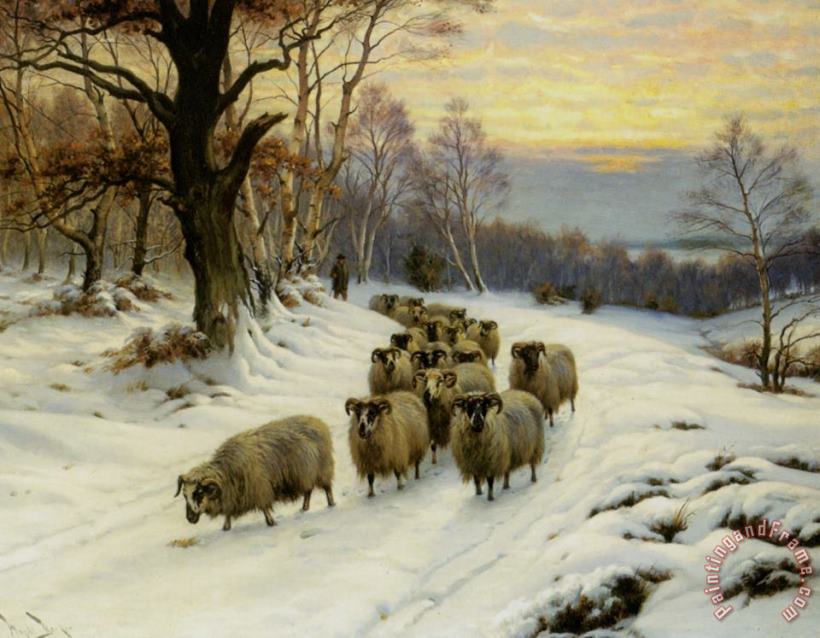 Wright Barker A Shepherd And His Flock on a Path in Winter Art Print