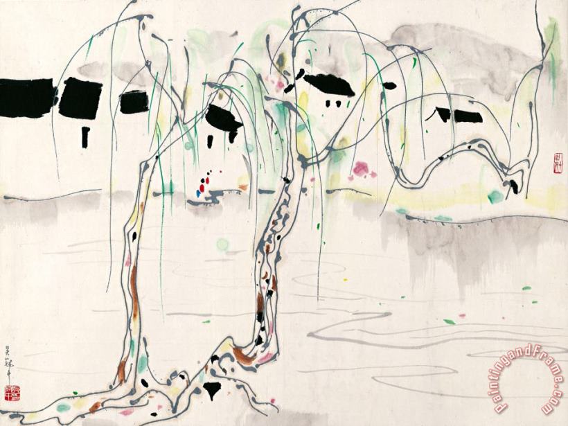 Wu Guanzhong House And Willow Tree Art Painting