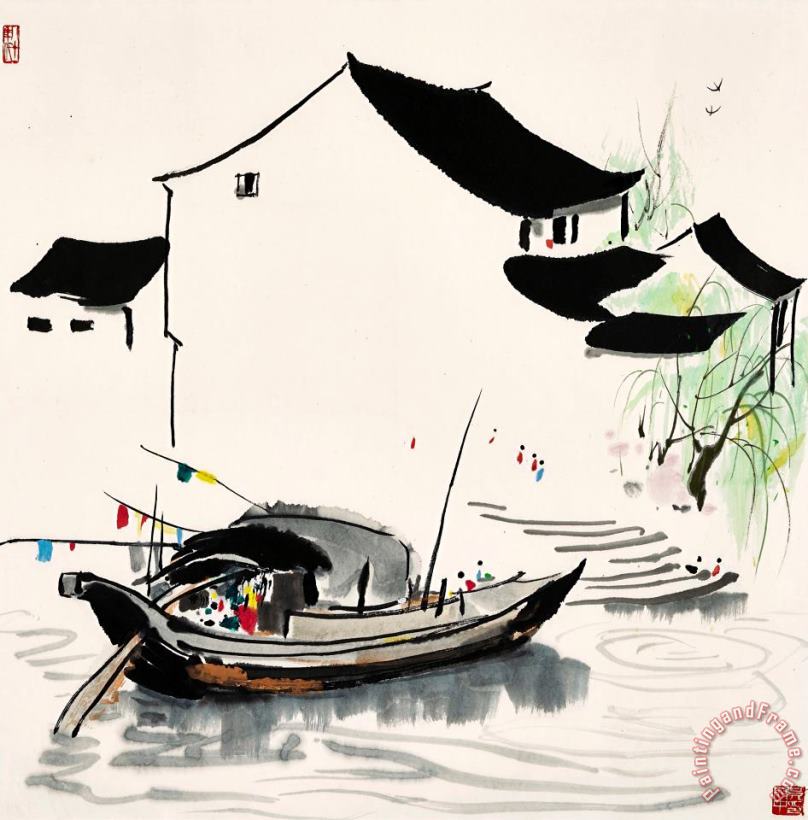 Wu Guanzhong Moored Boat Art Painting