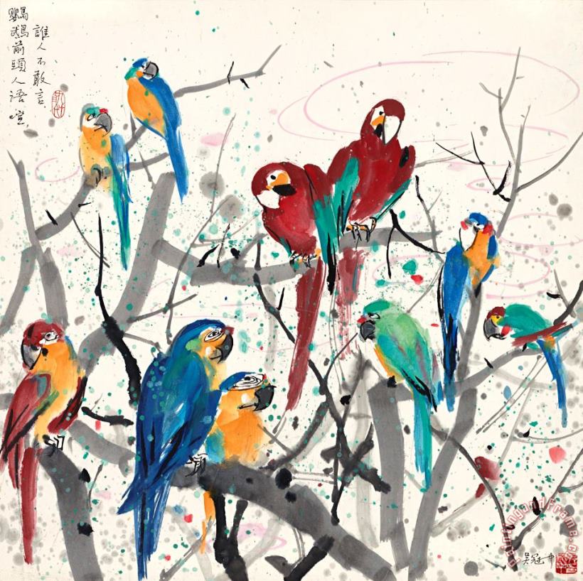 Parrots painting - Wu Guanzhong Parrots Art Print