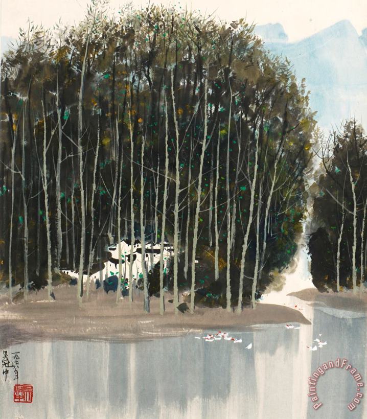 Silver Birch Trees And Goose Pond, 1978 painting - Wu Guanzhong Silver Birch Trees And Goose Pond, 1978 Art Print