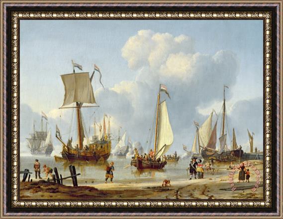 Abraham Storck Ships in Calm Water with Figures by the Shore Framed Painting