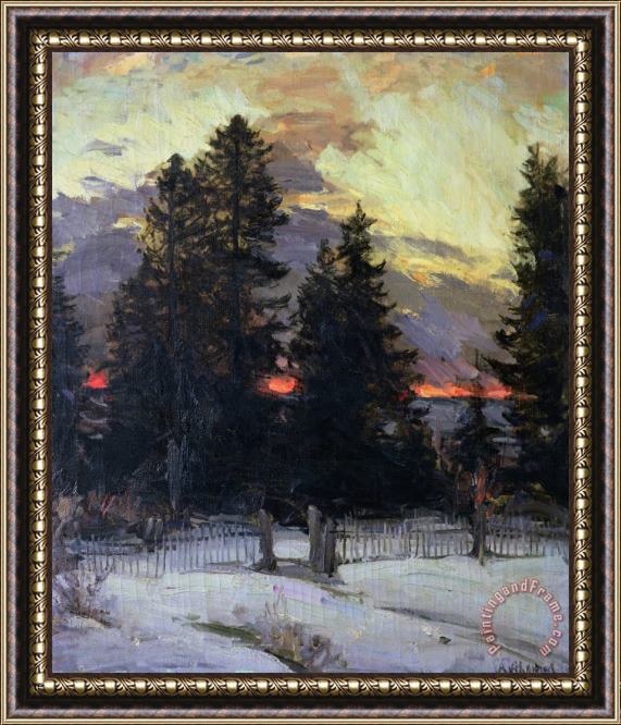 Abram Efimovich Arkhipov Sunset over a Winter Landscape Framed Painting