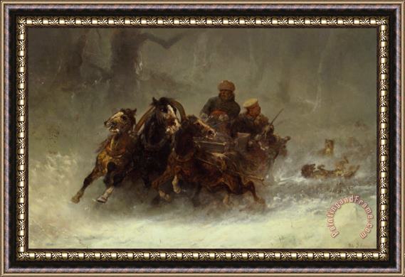 Adolf Schreyer Persued by Wolves Framed Painting