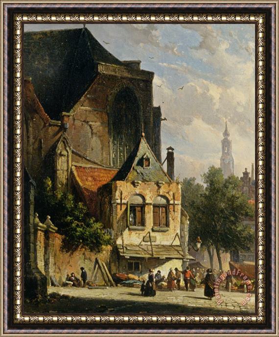 Adrianus Eversen A Busy Market in a Dutch Town Framed Painting
