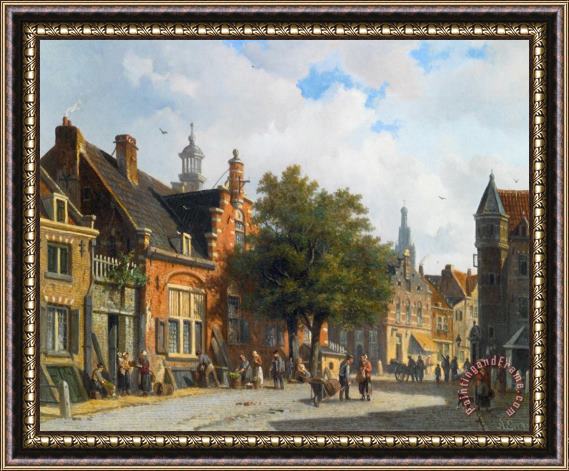Adrianus Eversen Figures in The Sunlit Streets of a Dutch Town Framed Painting