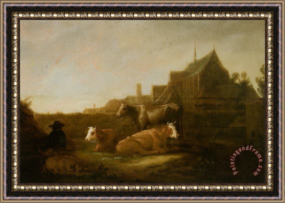 Aelbert Cuyp A Herdsman And Town with Duitsche Huis And Mariakerk Utrecht Beyond Framed Painting