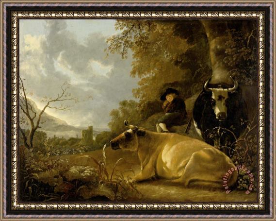 Aelbert Cuyp Landscape with Cows And a Young Herdsman Framed Painting