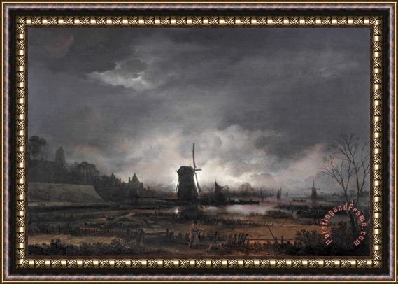 Aert van der Neer Moonlit Landscape with a Windmill, Early to Mid 1650's Framed Painting