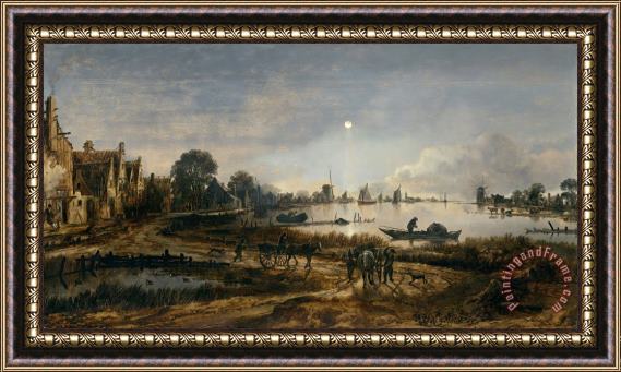 Aert van der Neer River View by Moonlight Framed Painting