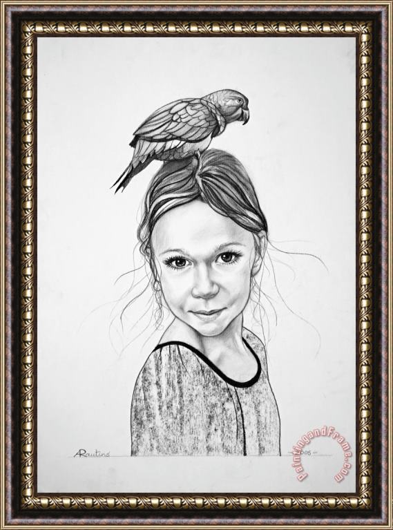 Agris Rautins Portrait of a girl with parrot Framed Print
