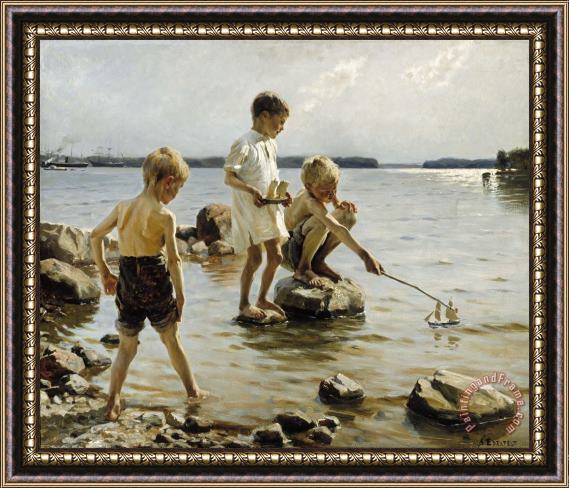 Albert Edelfelt Boys Playing on The Shore Framed Painting
