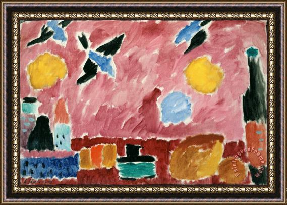 Alexei Jawlensky Still Life with Bottle, Bread And Red Wallpaper with Swallows Framed Painting