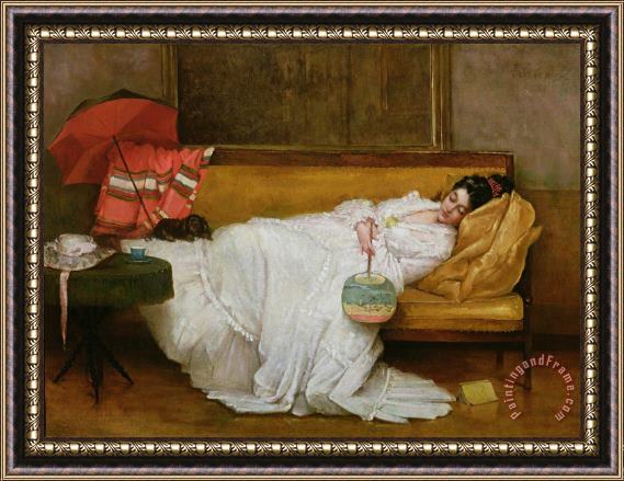 Alfred Emile Stevens  Girl in a white dress resting on a sofa Framed Painting