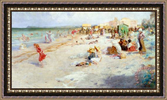 Alois Hans Schram A Busy Beach in Summer Framed Painting