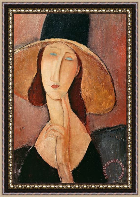 Amedeo Modigliani Portrait of Jeanne Hebuterne in a large hat Framed Painting