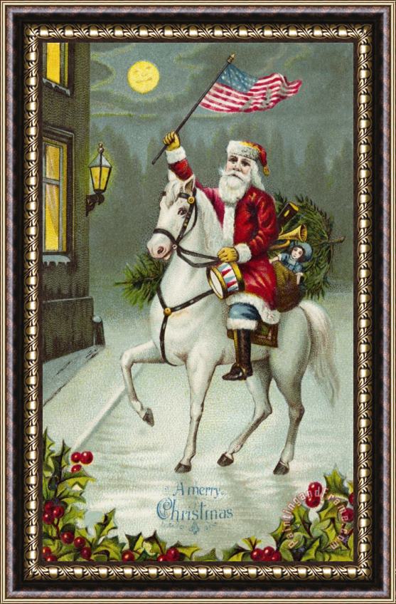 American School A Merry Christmas card of Santa Riding a White Horse Framed Painting