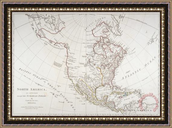 American School Map depicting North America as Divided by the European Powers Framed Painting