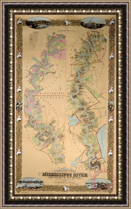American School Map depicting plantations on the Mississippi River from Natchez to New Orleans Framed Painting