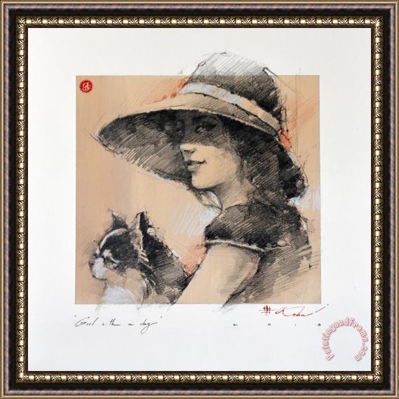 Andre Kohn Girl with a Dog, 2018 Framed Painting