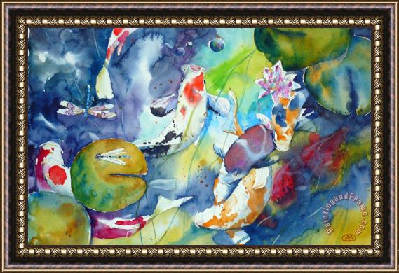 Andre Mehu Dragonflies and koi fishes Framed Painting